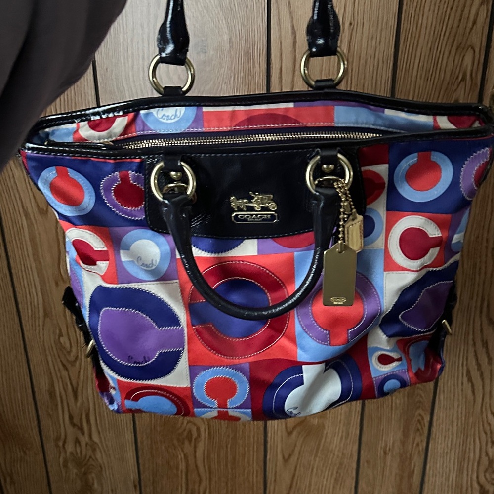 Coach Multicolor Red Blue Purple Circle-Print Tote with Black Leather Trim - Picture 4 of 4